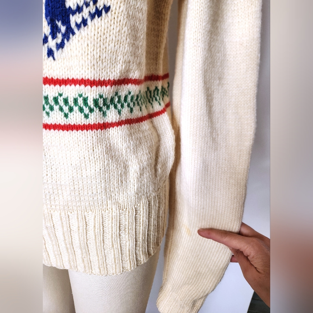Vintage SKI Knit Sweater - Folklore Sweater - Novelty Knit Skiing Wool 70s XS S - Picture 3 of 8
